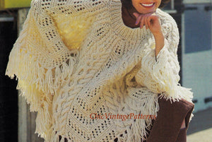 Knitted Poncho and Hat Pattern, Ladies Fringed Aran Poncho, Instant Download