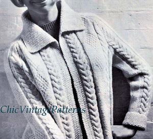 Ladies Aran Cardigan Knitting Pattern, Instant Download