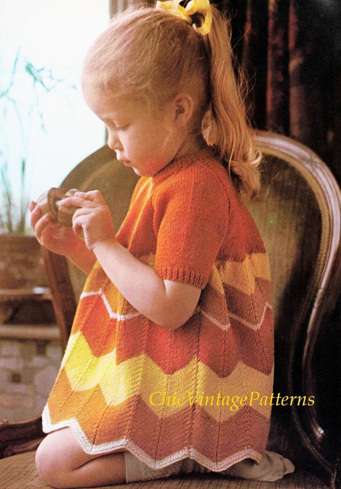 Child's Knitted Dress Pattern, Chevron Striped Dress, Digital Download