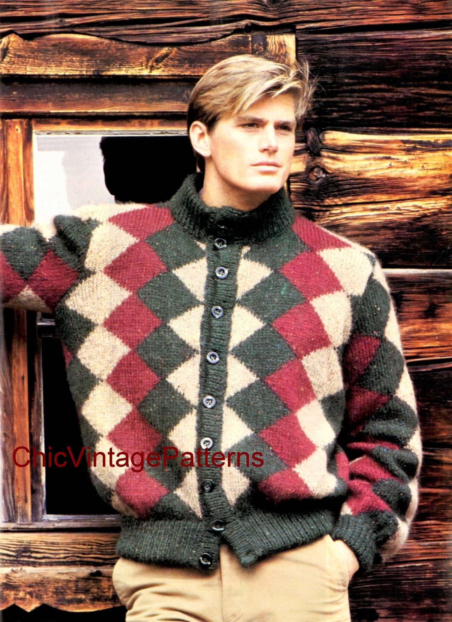 Men's Knitting Pattern, Diamond Jacquard Cardigan, Instant Download