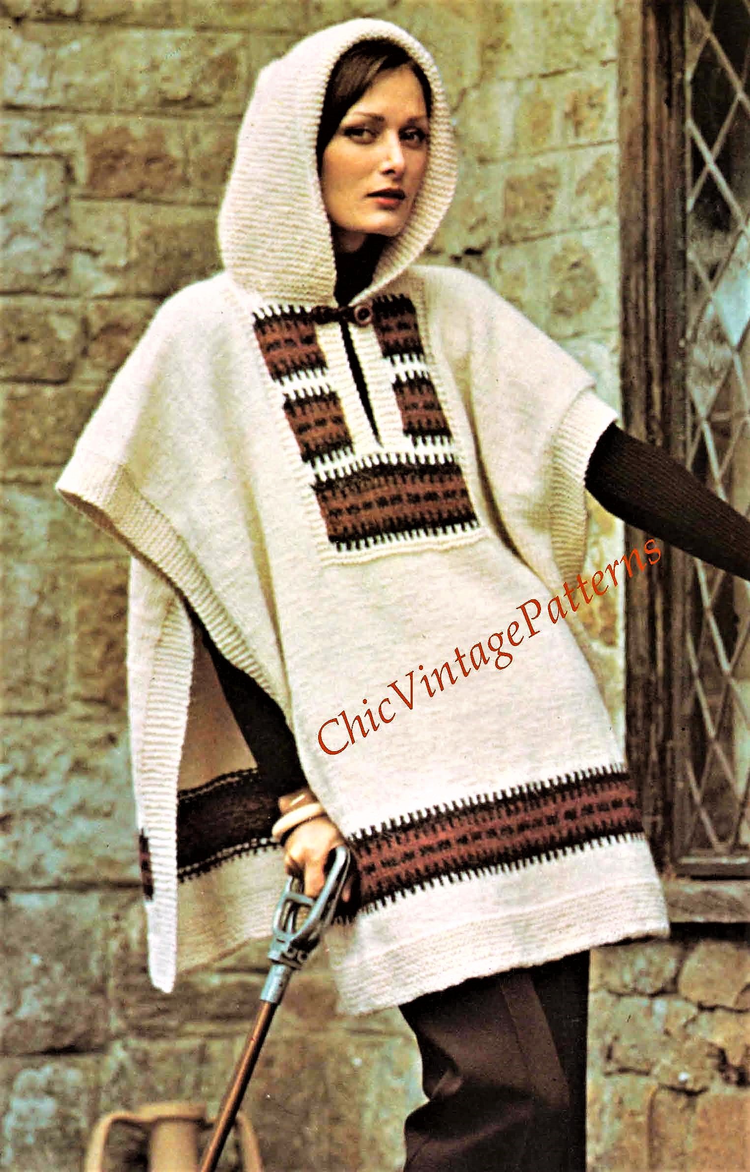 Knitted Ladies Tabard or Poncho with Hood Pattern, Instant Download