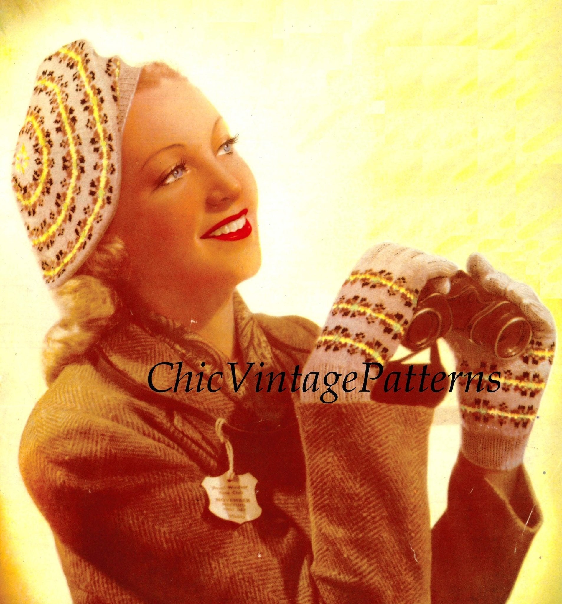 Knitted Beret and Gloves Pattern, Ladies Fair Isle Pattern, Instant Download