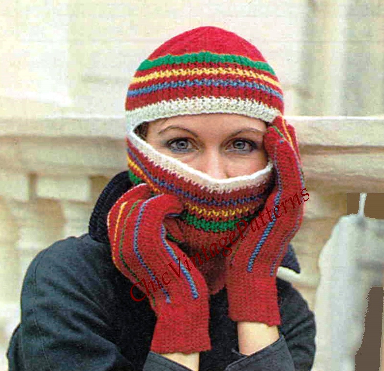 1970's Ladies Balaclava Helmet and Gloves, PDF Knitting Pattern
