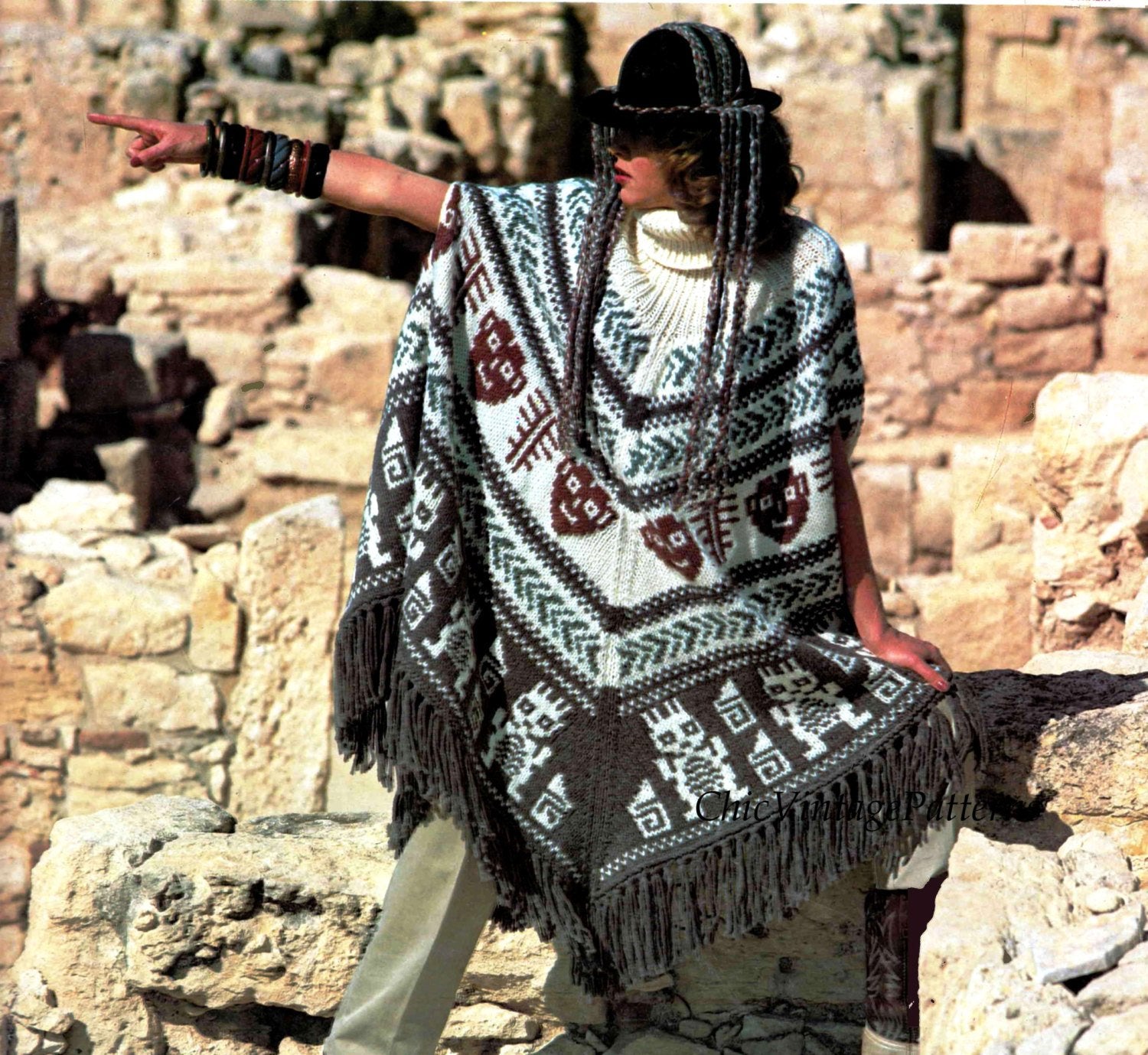 Knitted Poncho Pattern, Ladies Fringed Inca Style, Instant Download