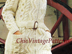 Ladies Knitted Aran Jacket, Belted Cardigan, Instant Download