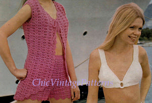 Retro Swimsuit Pattern, Crochet Shorts, Bra and Waistcoat, Instant Download