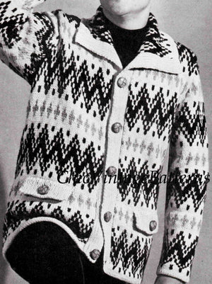 Knitted Men's Jacket Pattern, Fair isle Men's Cardigan, Instant Download