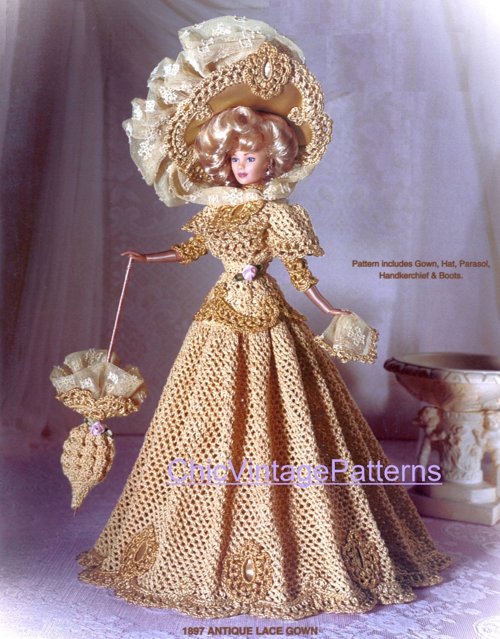 Doll's Crochet Dress Digital Pattern, 11.1/2 inch Doll, Antique Lace Period Gown
