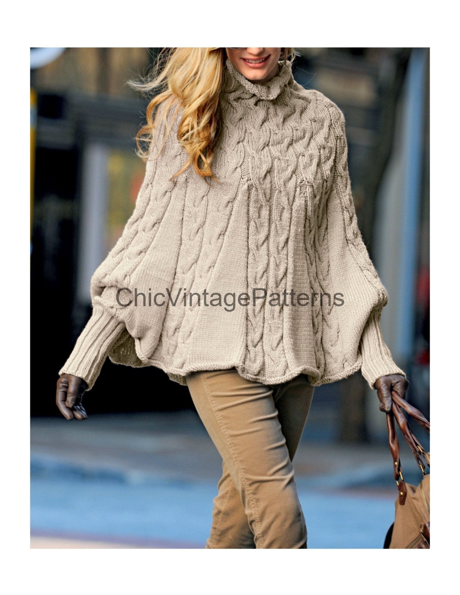 Knitted Cable Poncho Pattern, Digital Download