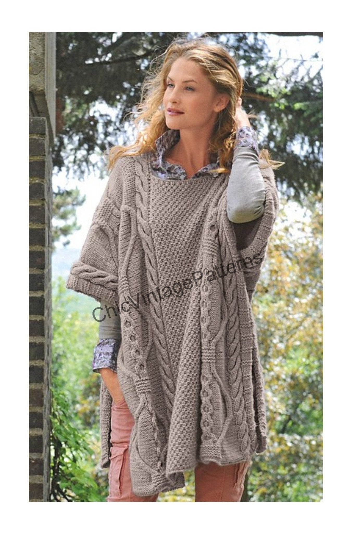 Casual Knitted Cable Poncho Pattern, Digital Download