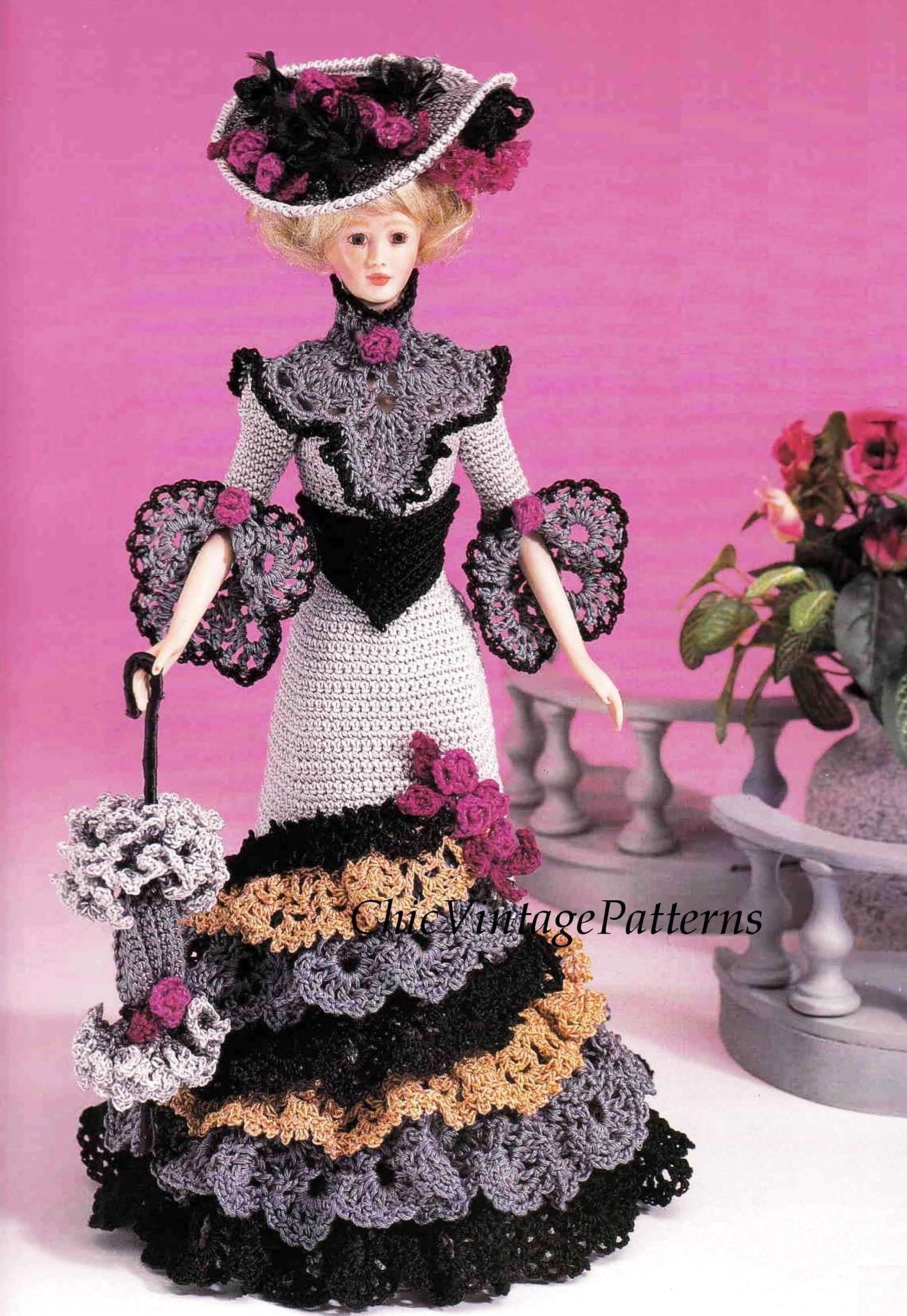 Crochet Doll's Dress Pattern, Sophisticated Period Gown, Instant Download