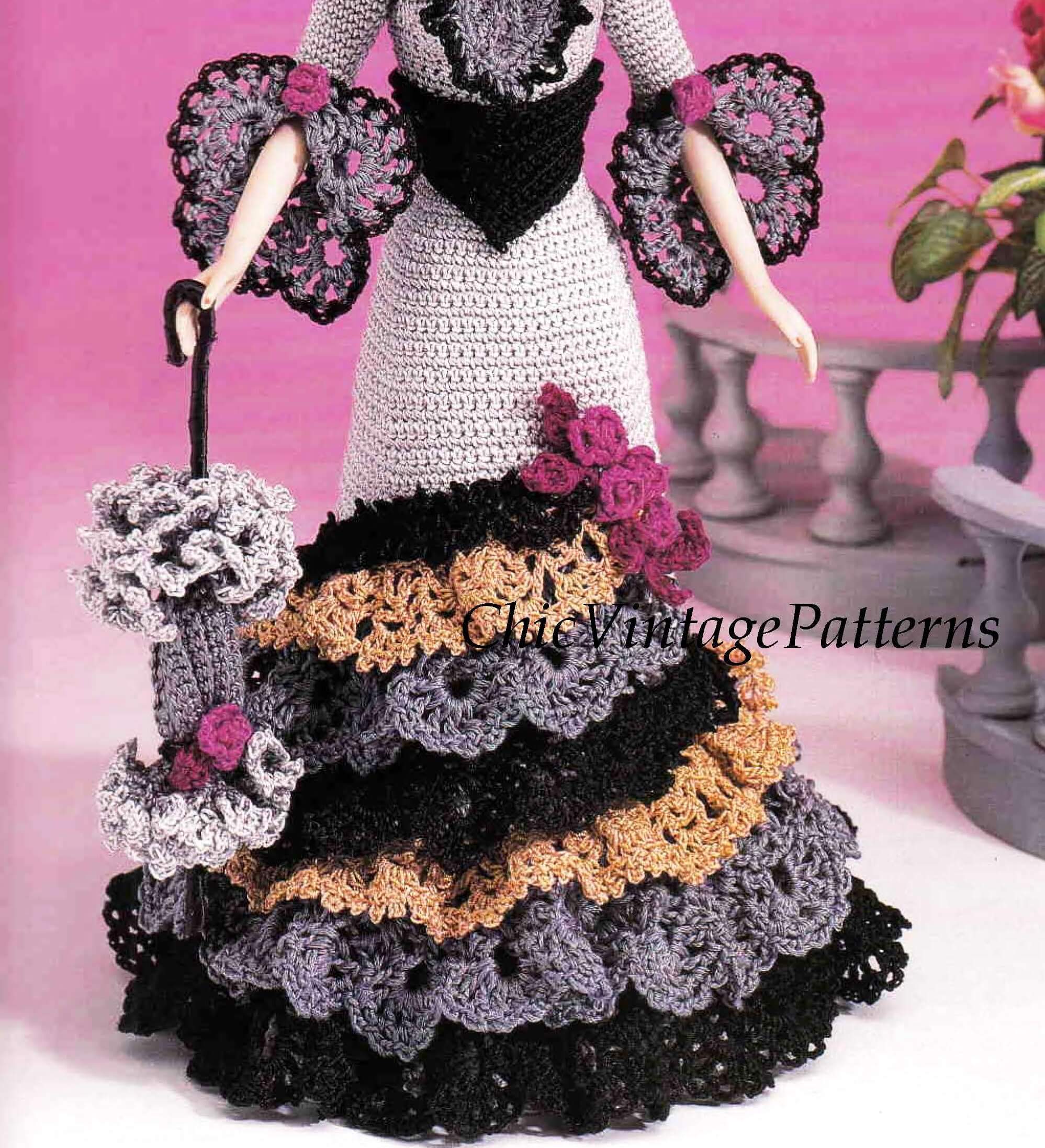 Crochet Doll's Dress Pattern, Sophisticated Period Gown, Instant Download
