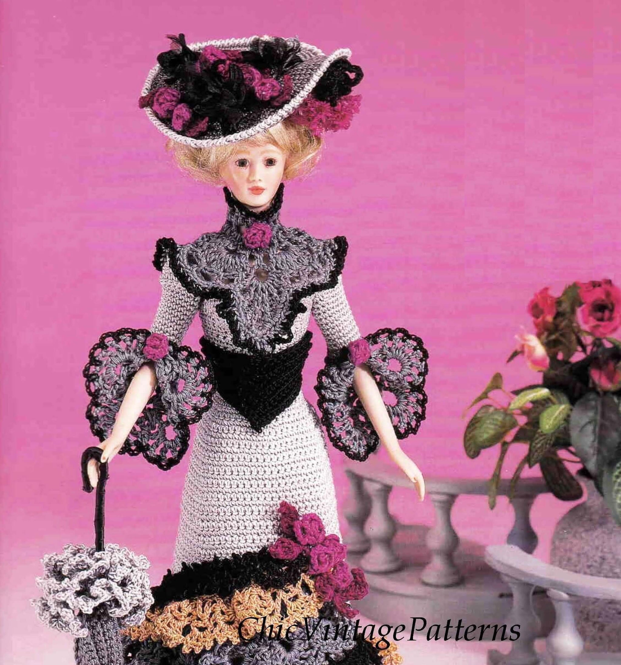 Crochet Doll's Dress Pattern, Sophisticated Period Gown, Instant Download