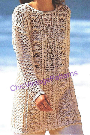 Ladies Lacy Crochet Long Sweater Pattern, Instant Download