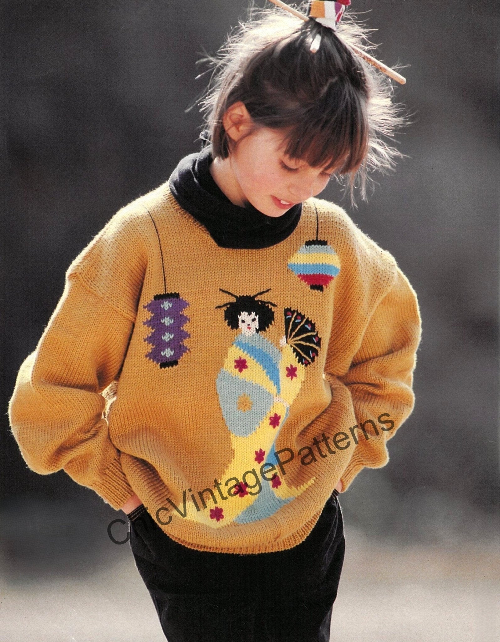 Girl's Knitted Sweater Pattern, Geisha Jumper, Instant Download
