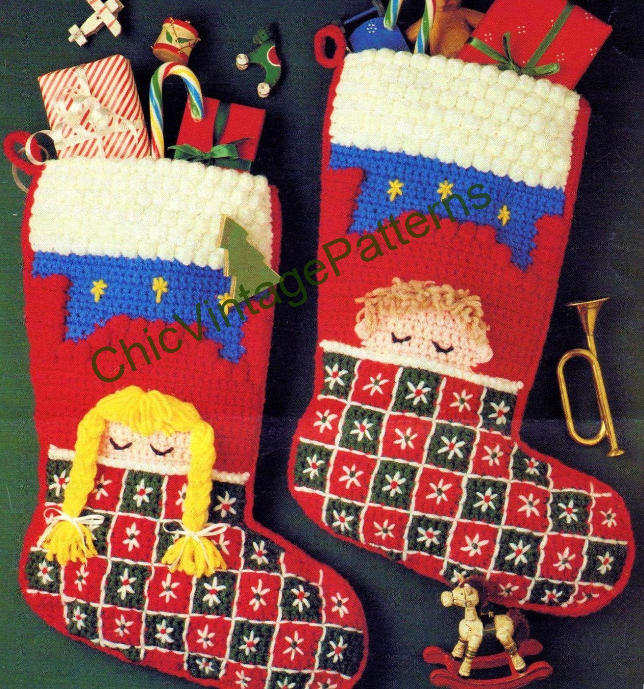 Christmas Stocking Crochet Pattern, Girl and Boy Sleeping, Instant Download