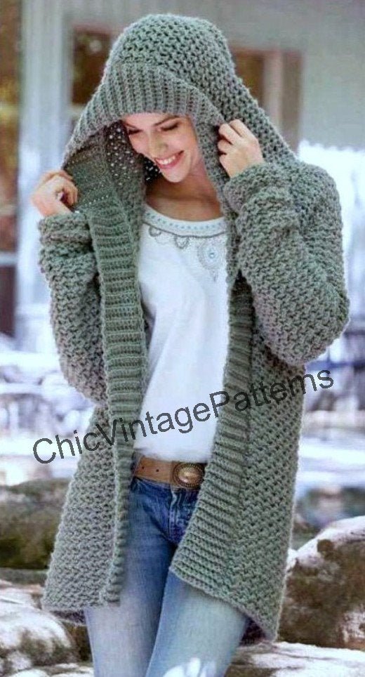 Ladies Crochet Hooded Casual Jacket, Instant Download