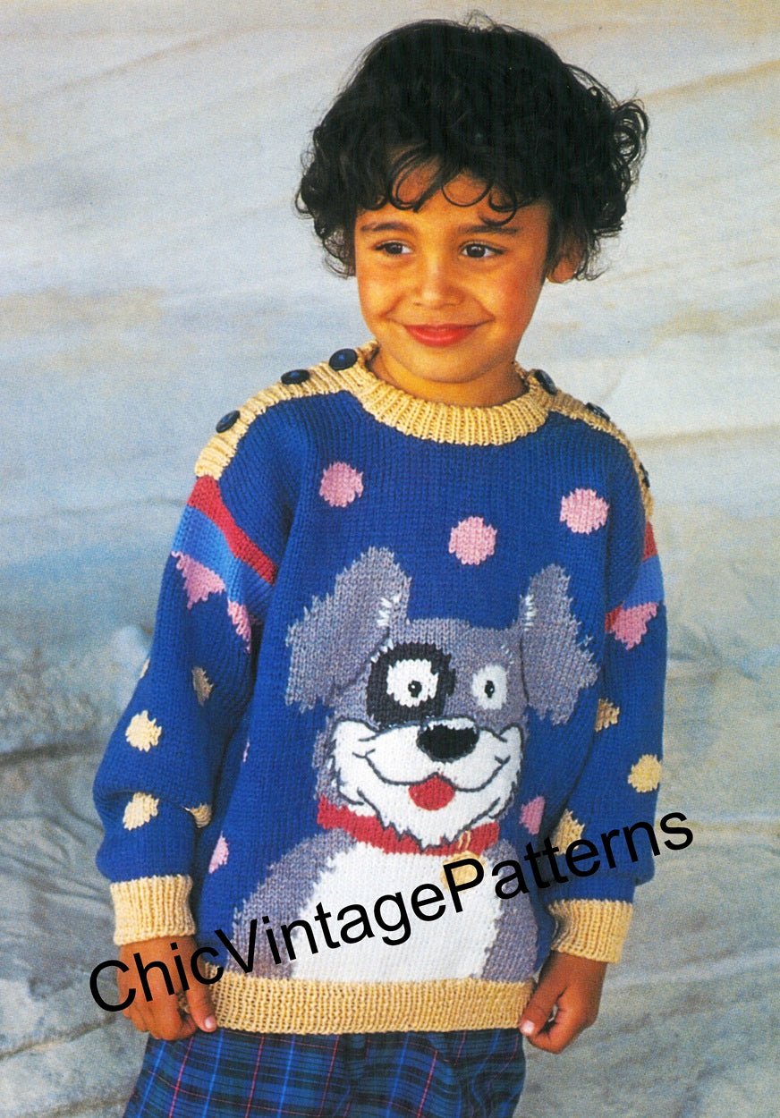 Children's Jumper Knitting Pattern, Nacho the Dog Sweater, Instant Download