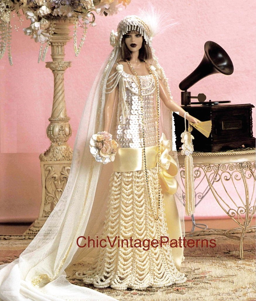 Crochet Doll's Bridal Gown, Roaring 20's Flapper Wedding Dress, 11 1/2 Inch Doll