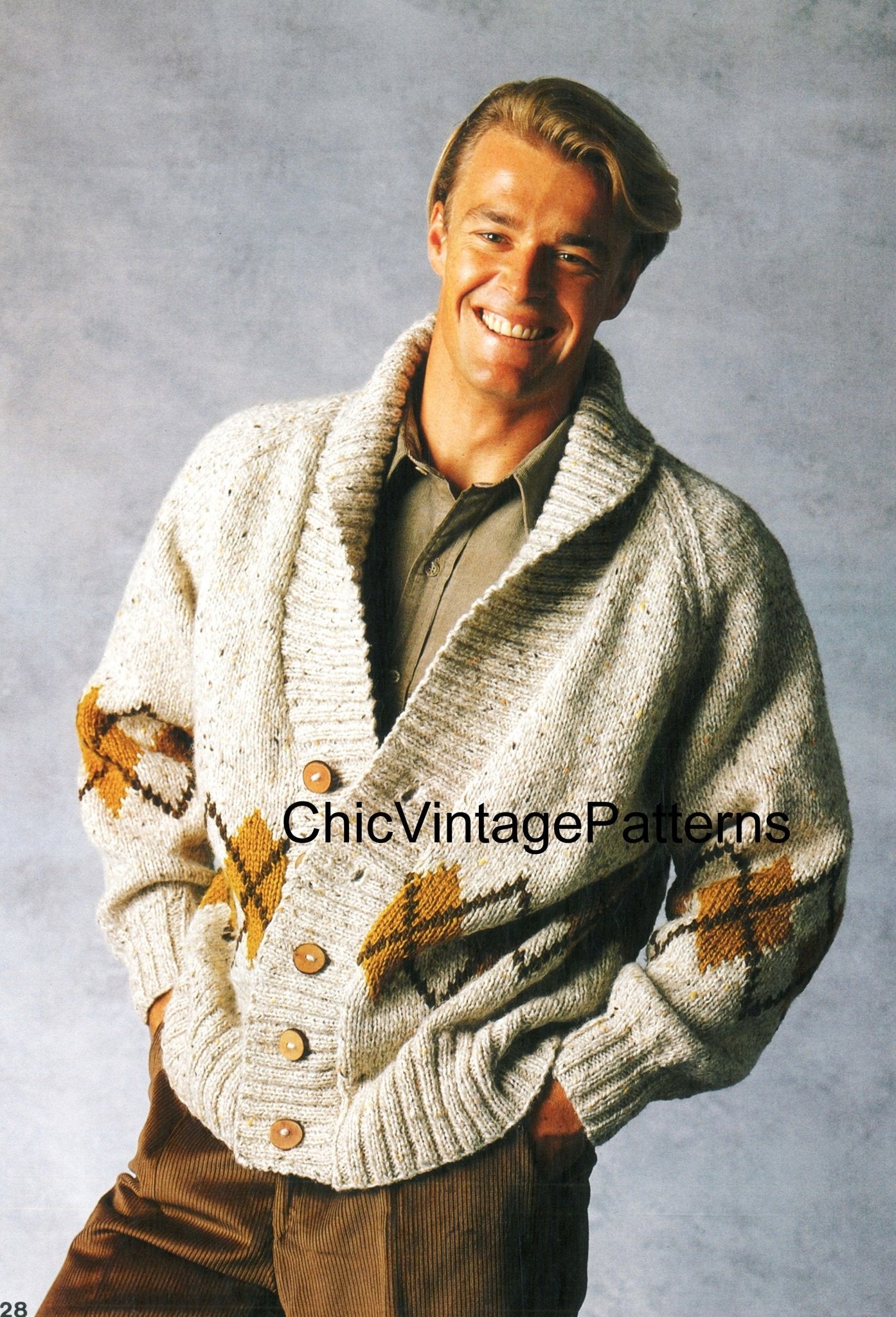 Men's Cardigan Knitting Pattern, Fair Isle Feature, Digital Download