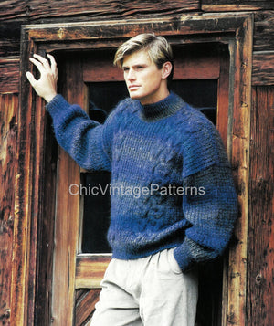Knitted Jumper Pattern, Men's Large Cable Sweater, Instant Download