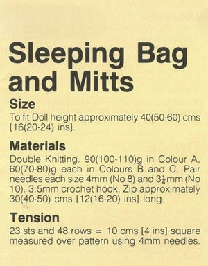 Doll's Sleeping Bag and Mitts Knitting Pattern, Instant Download