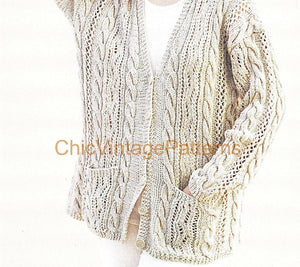 Ladies Cable and Openwork Cardigan Knitting Pattern, Instant Download