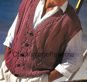 Vintage Men's Waistcoat Knitting Pattern, Cable Vest, Instant Download