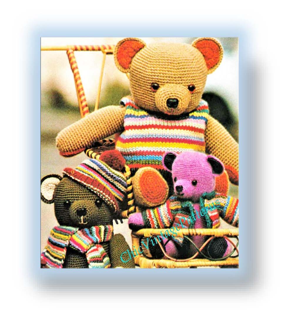 Crochet Teddy Bears Pattern, Three Teddy Bears, Instant Download