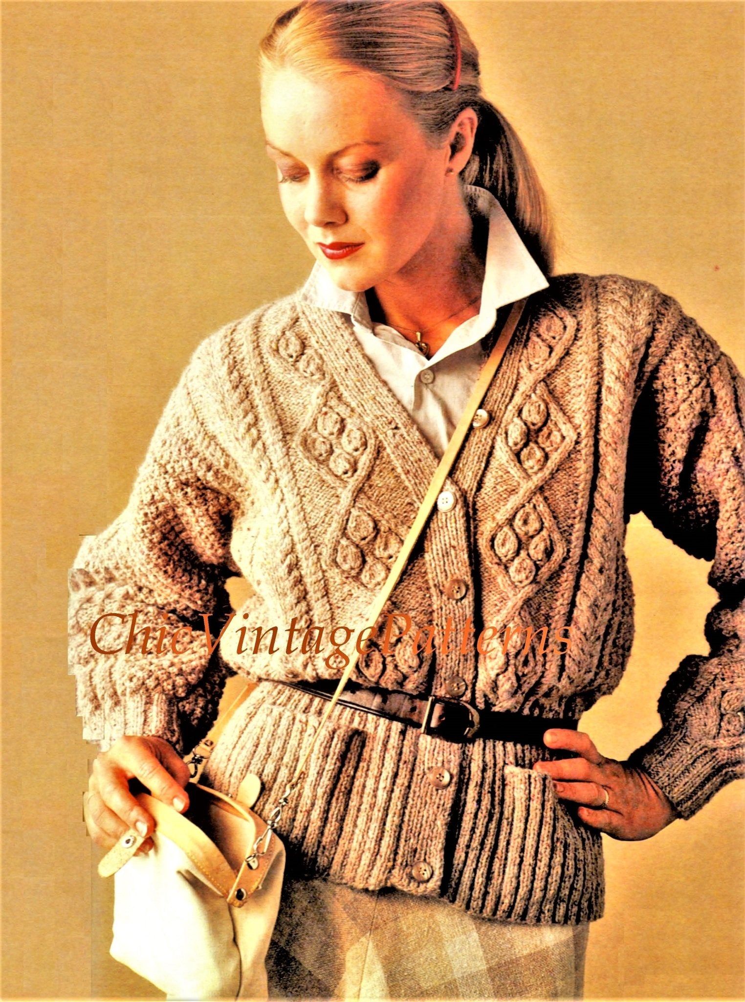 Knitted Aran Cardigan Pattern, Ladies Jacket, Instant Download