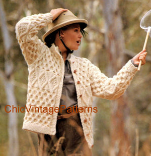 Ladies Knitted Aran Jacket Pattern, Chunky Style Yarn, Instant Download