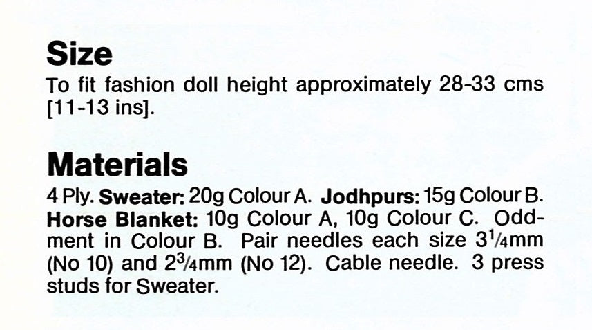Fashion Doll Riding Clothes Knitting Pattern, 11-13 inch Doll, Instant Download