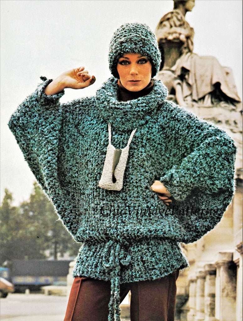 Knitted Sweater and Hat Pattern, Ladies Batwing Sleeve Jumper, Instant Download