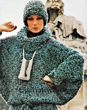 Knitted Sweater and Hat Pattern, Ladies Batwing Sleeve Jumper, Instant Download