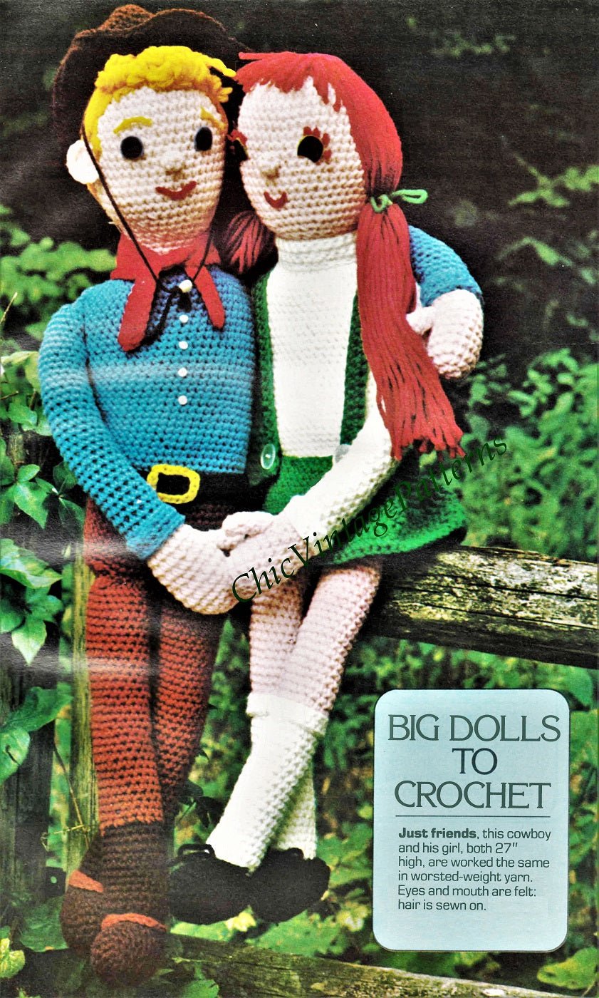 Crochet Dolls, Big Girl Doll and Boy Doll, Vintage Crochet Toy Pattern, Instant Download