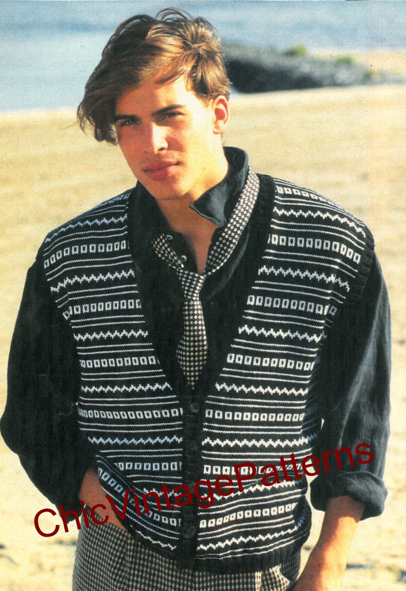 Men's Waistcoat Knitting Pattern, Vintage Men's Jaquard Vest, Instant Download