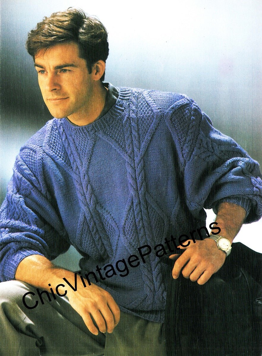 Mens Knitted Cable and Patterned Jumper Instant Download Pattern