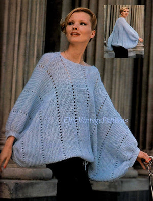 Knitted Sweater, Dramatic Party Top, Instant Download Pattern, Batwing Sleeves