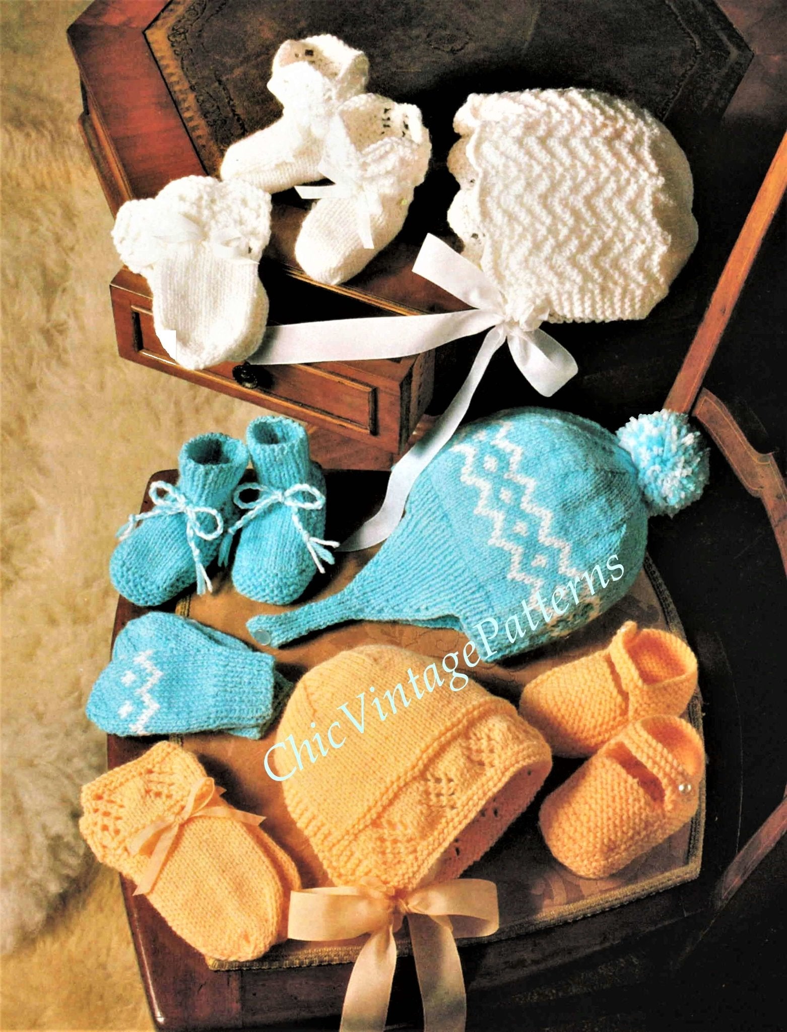 Knitted Bonnets, Bootees and Mittens Pattern, Three Styles, Instant Download