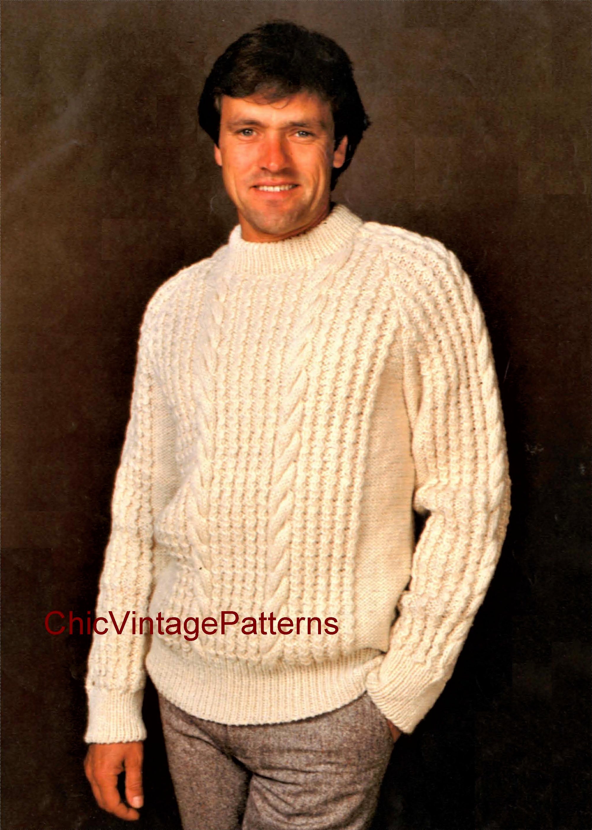Knitted Sweater Pattern, Men's Chunky Cable, Instant Download Knitting Pattern