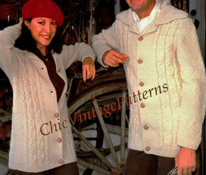 Aran Cardigan Knitting Pattern, Matching His or Her Jacket, Digital Download