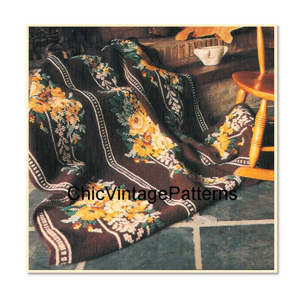 Climbing Roses Afghan Pattern, Crochet and Cross Stitch Rug, Instant Download