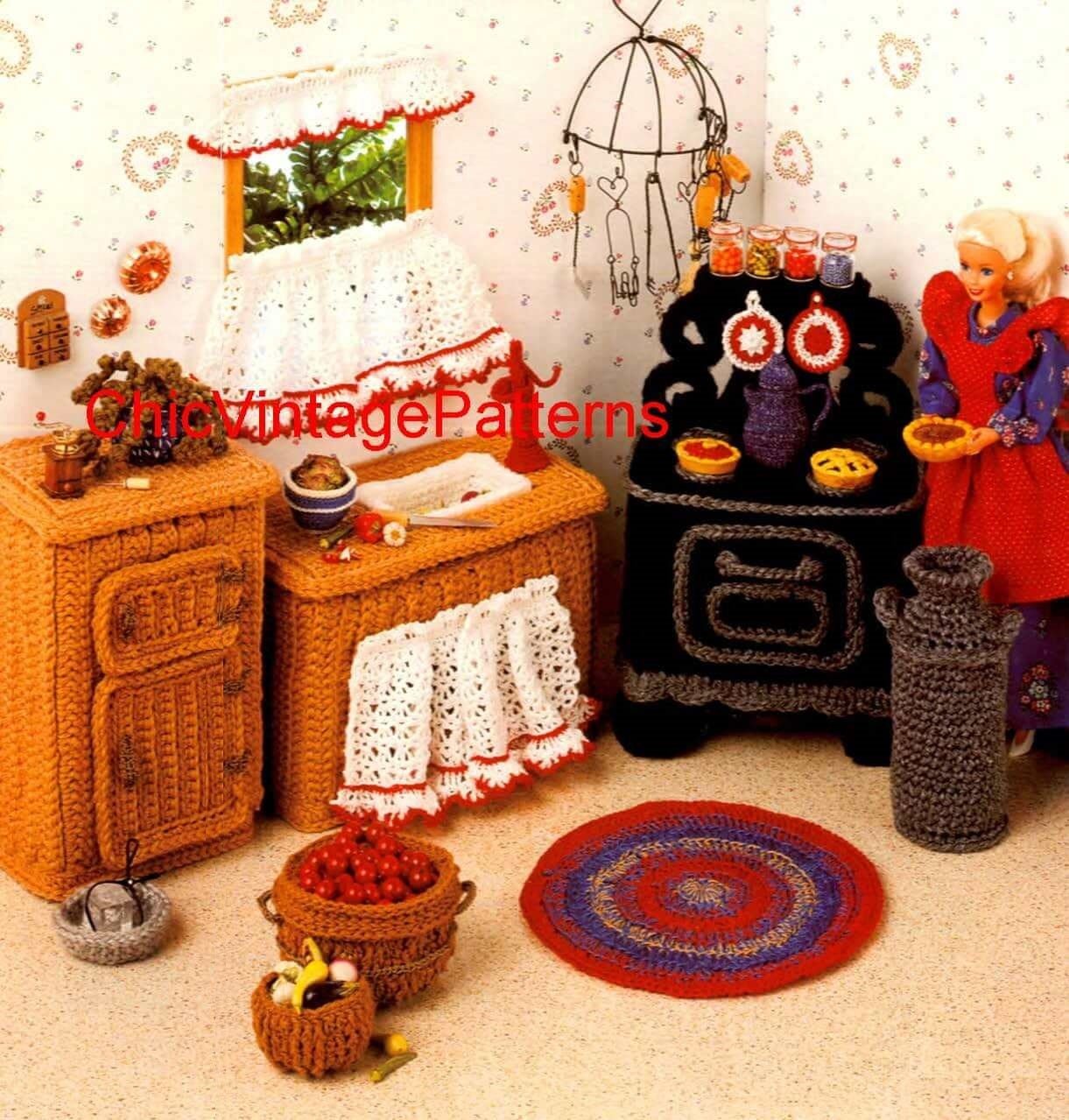 Vintage Dolls House Kitchen Pattern, Crochet Furniture, 11.1/2 inch Doll, Digital Download