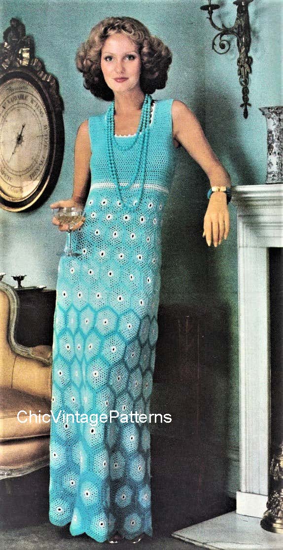 Vintage Crochet Ladies Dress Pattern, Long Motif Gown, Instant Download