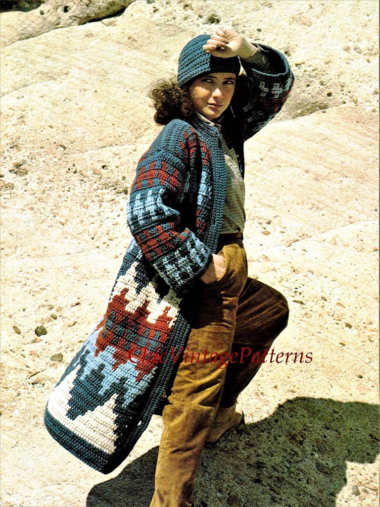 Crochet Coat and Hat Pattern, Stunning Vintage Fashion Coat,  Instant Download