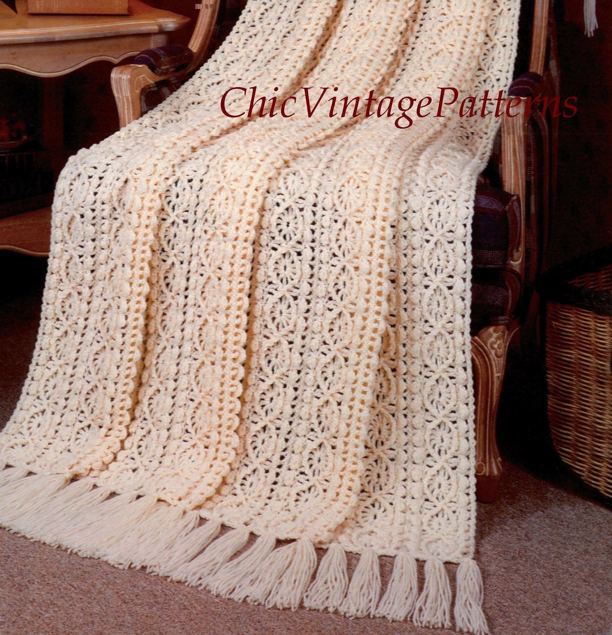 Crochet Afghan Rug, Daisy Chain Rug, Lacy Design, Instant Download