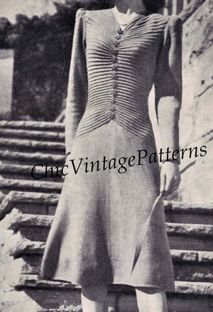 1940's Knitted Dress, Digital Knitting Pattern, Stylish Dress