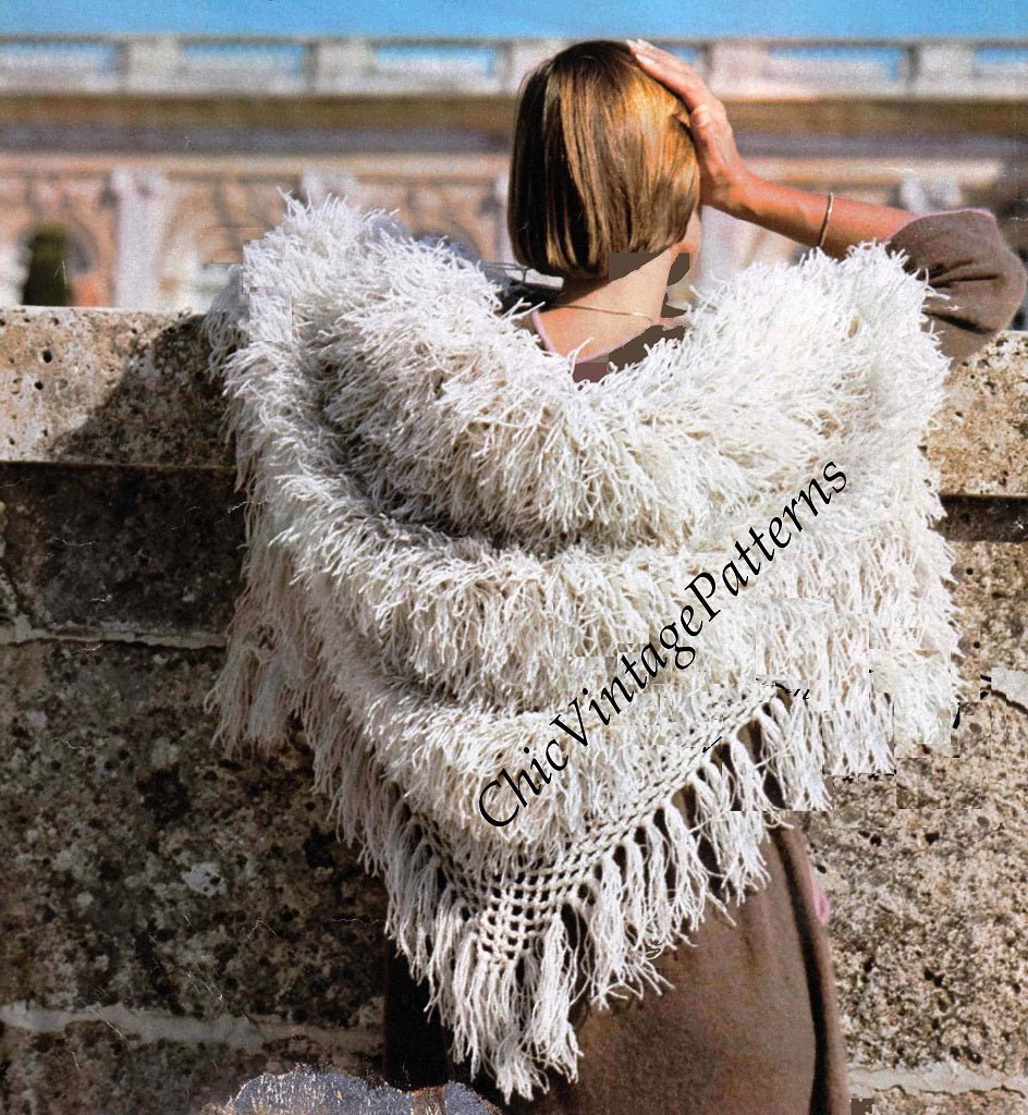 Crochet Shawl Pattern, Furry Wrap, Retro Shawl, Instant Download