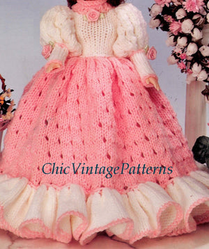 Doll's Dress Knitting Pattern, Pretty Period Gown, 15 inch Doll, Instant Download