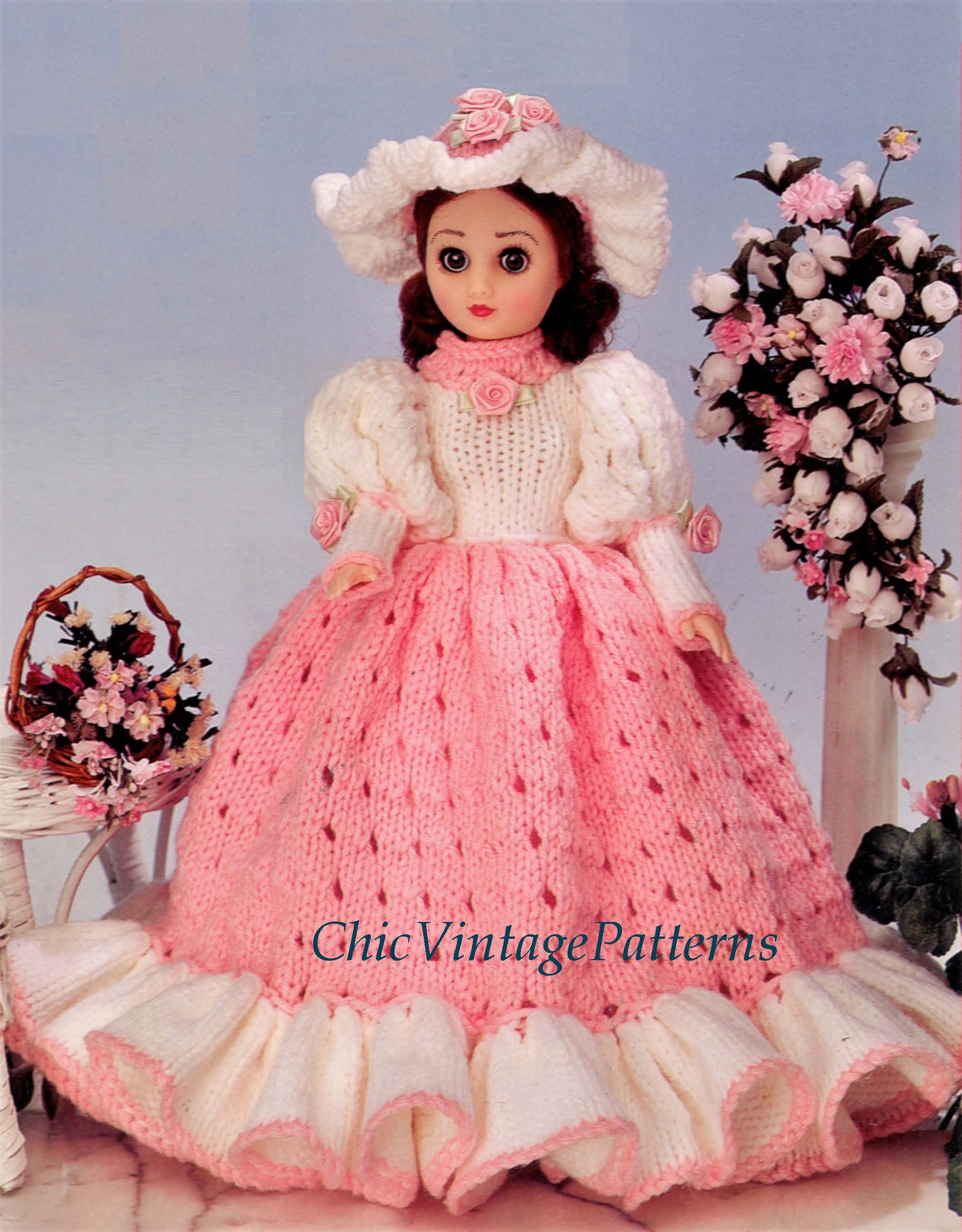 Doll's Dress Knitting Pattern, Pretty Period Gown, 15 inch Doll, Instant Download